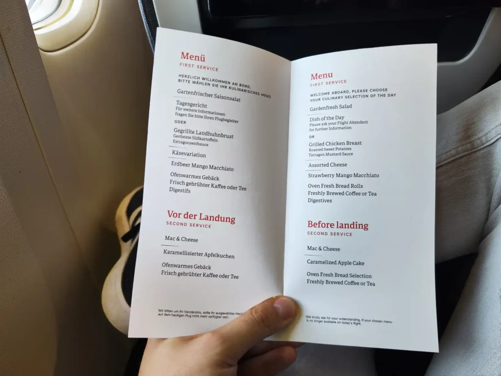 Austrian Airlines premium economy - ételválaszték