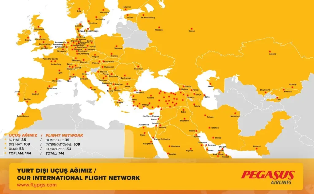 Pegasus Bolbol mérföld trükk - nemzetközi járatok térképe