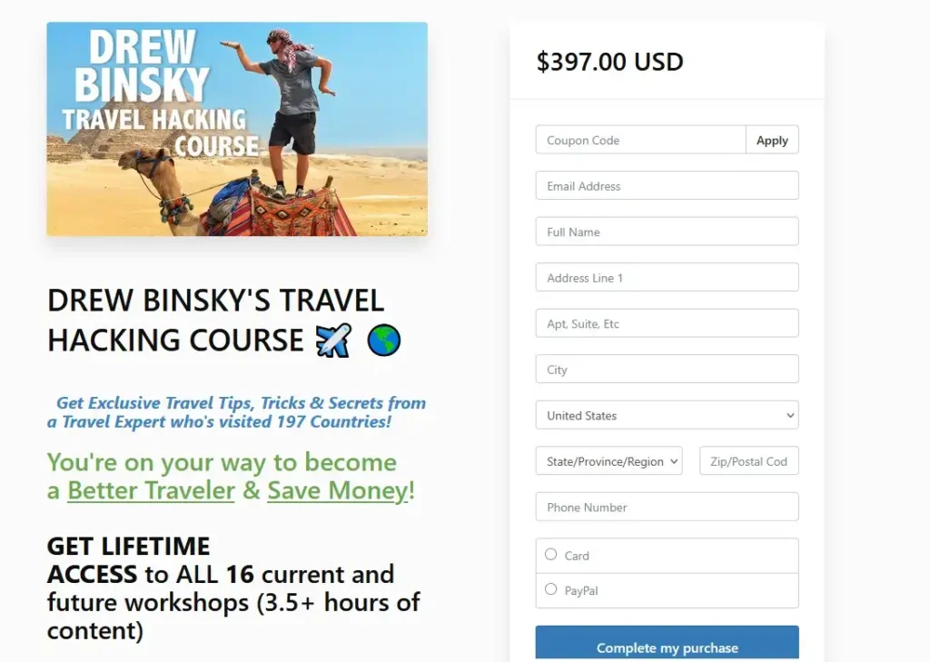 Drew Binsky Travel Hacking kurzus - ára