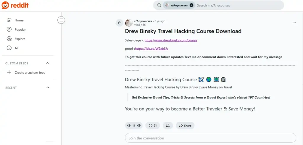 Drew Binsky Travel Hacking kurzus - Reddit olcsóbban
